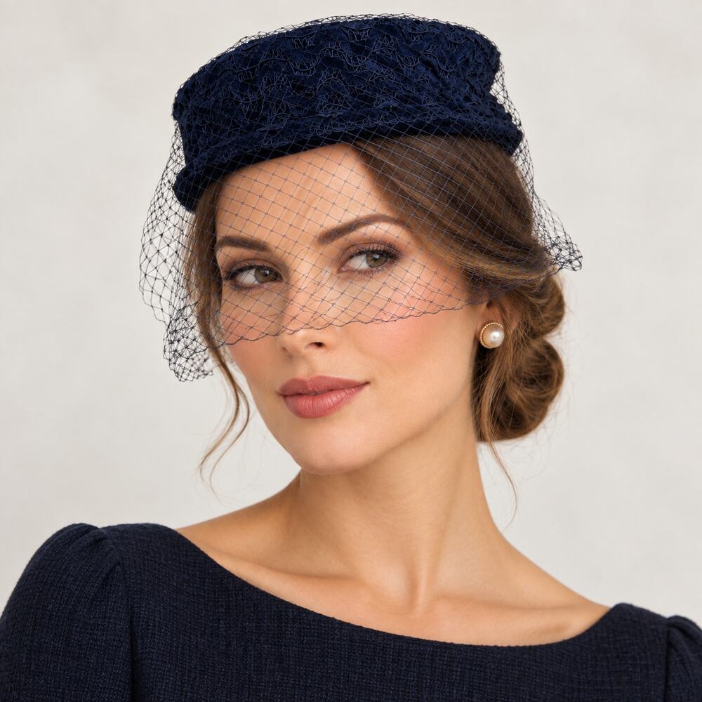 Vintage Navy Velvet Pillbox Hat Birdcage Veil Hat Pin